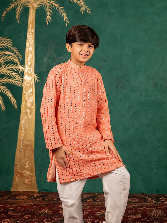Boys Georgette Mirror work Light Salmon Coloured Kurta With White Pant (Set of 2)