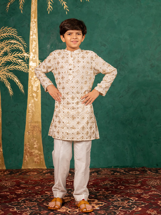 Boys Georgette Mirror work Off-white Kurta With White Pant (Set of 2)