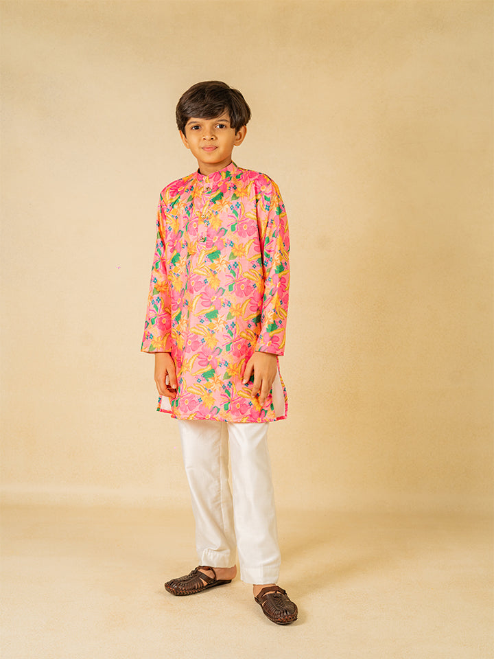 Boys Light Pink Floral Digital Printed Kurta With White Pant (Set of 2)