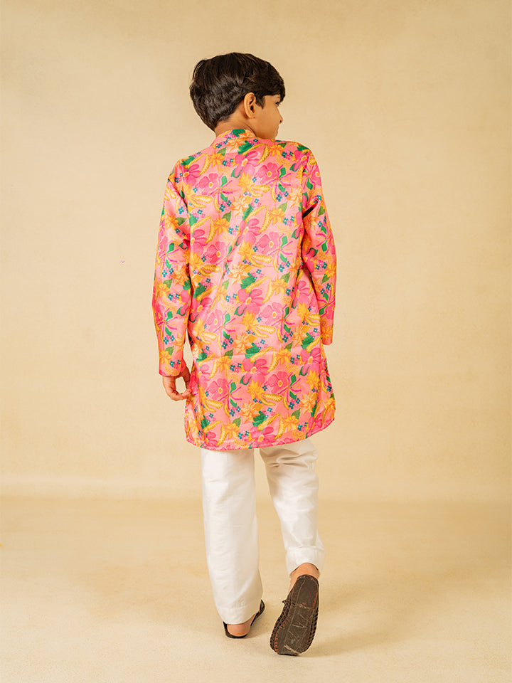 Boys Light Pink Floral Digital Printed Kurta With White Pant (Set of 2)