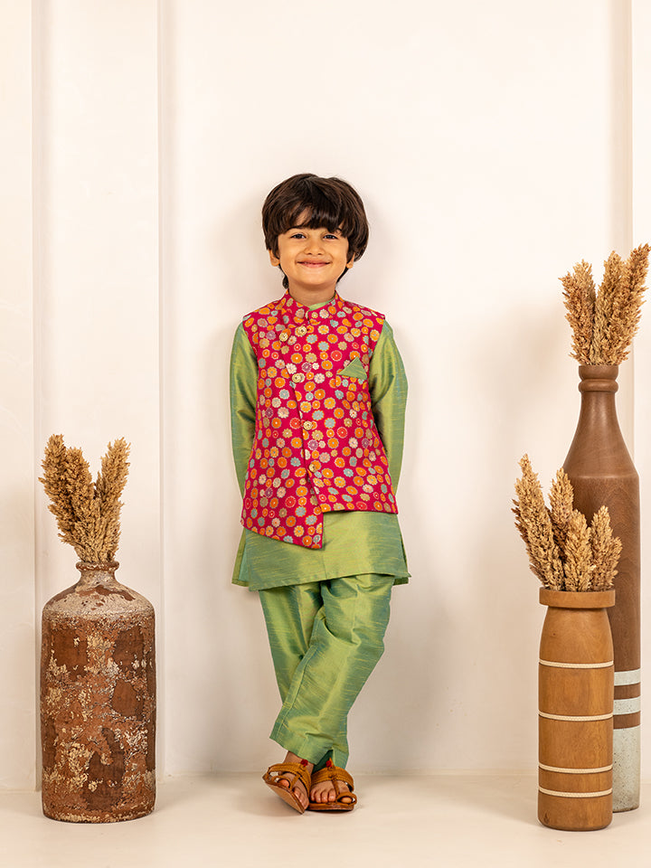 Boys Lime Green Kurta and White Pant with Pink Ethnic Jacket(Set of 3)