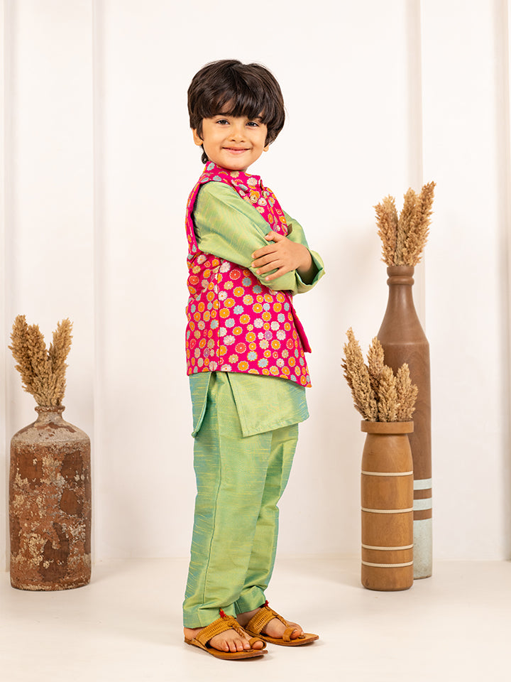 Boys Lime Green Kurta and White Pant with Pink Ethnic Jacket(Set of 3)