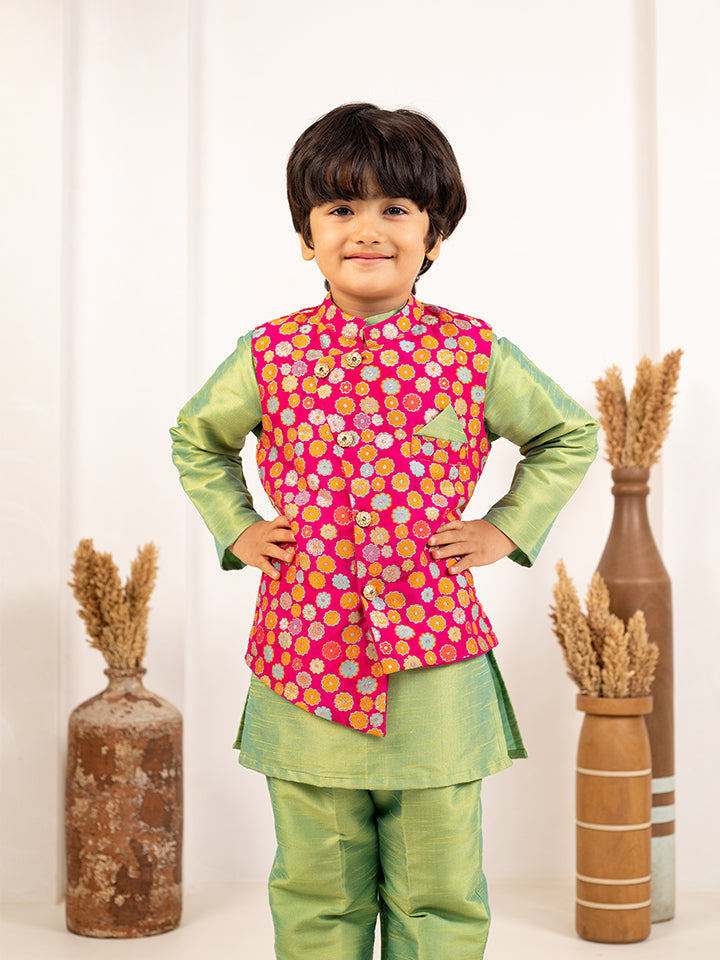 Boys Lime Green Kurta and White Pant with Pink Ethnic Jacket(Set of 3)