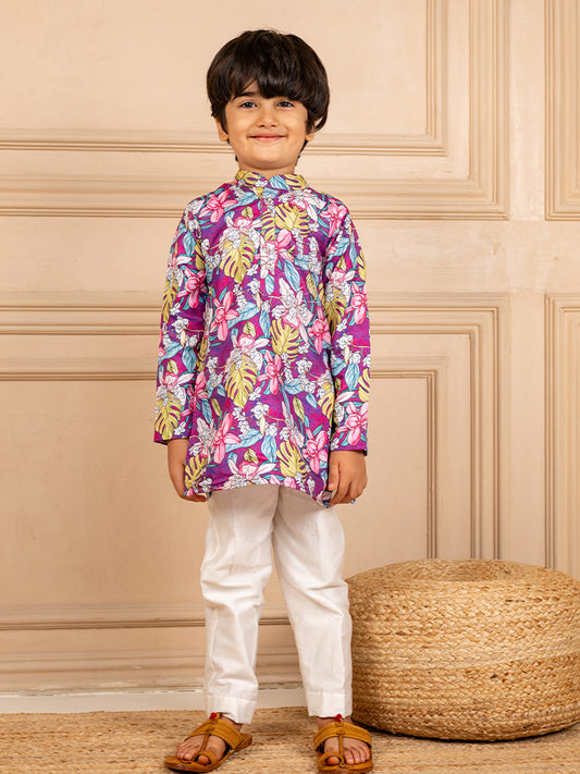 Boys Purple Floral Digital Printed Kurta With White Pant (Set of 2)