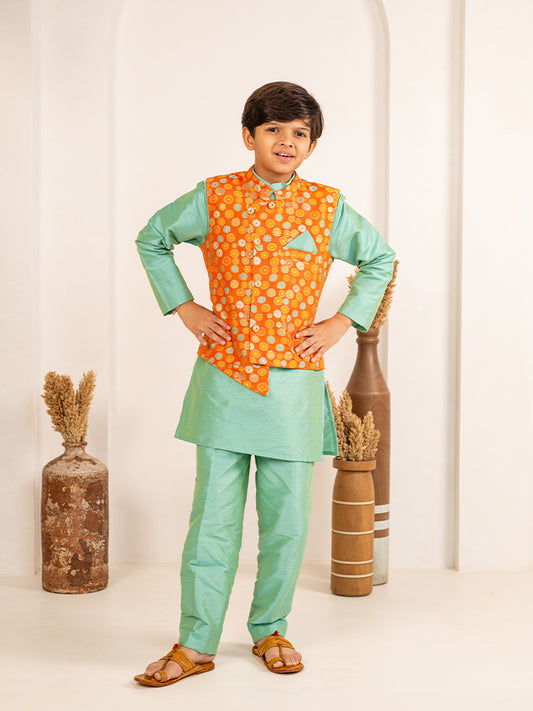Boys Turquois Kurta and Pant with Orange Ethnic Jacket(Set of 3)