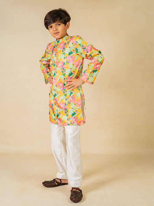 Boys Yellow Floral Digital Printed Kurta With White Pant (Set of 2)