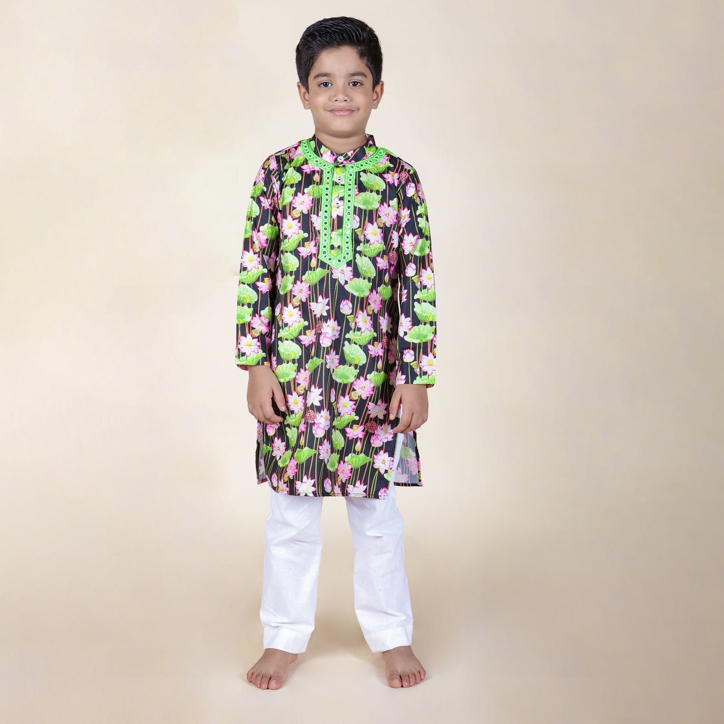 Boys Ethnic Green & Black Kurta With Pant