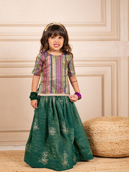 Girls Banarasi Brockade Top and Fandy Crush embroidered Lehenga (Set of 2)