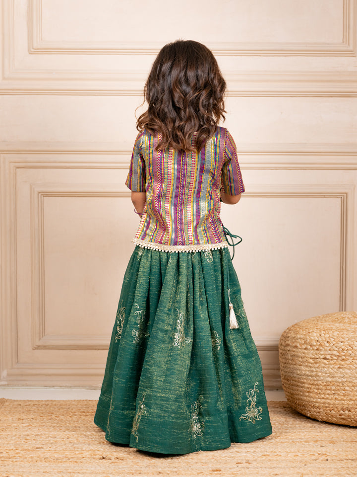 Girls Banarasi Brockade Top and Fandy Crush embroidered Lehenga (Set of 2)