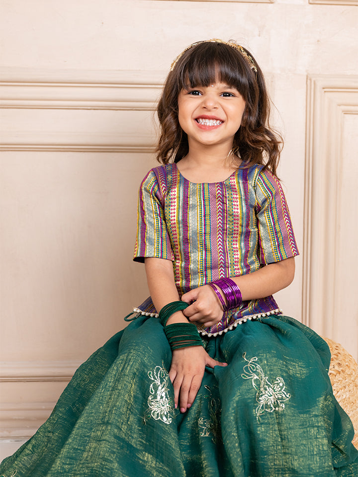Girls Banarasi Brockade Top and Fandy Crush embroidered Lehenga (Set of 2)