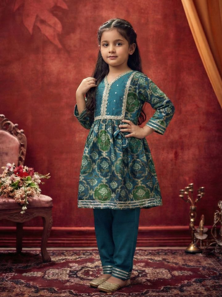 Girls Blue Anarkali Kurti with Pant (Set of 2)