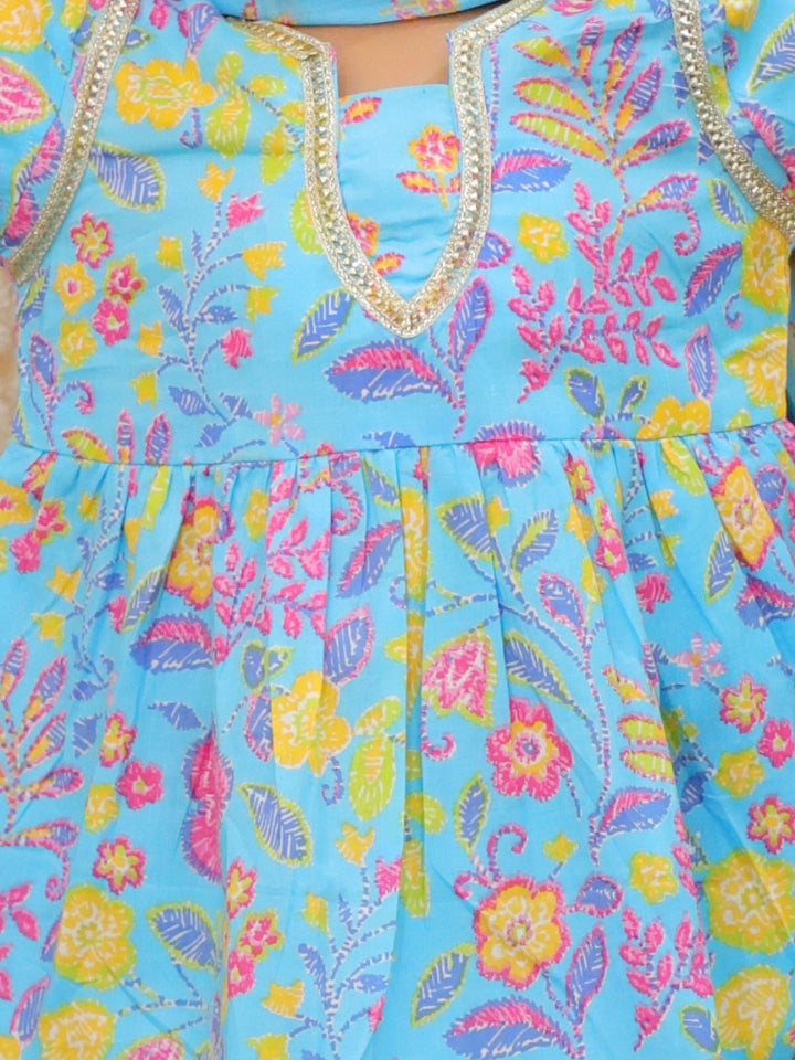 Girls Blue Printed Cotton Anarkali Sharara Set with Dupatta