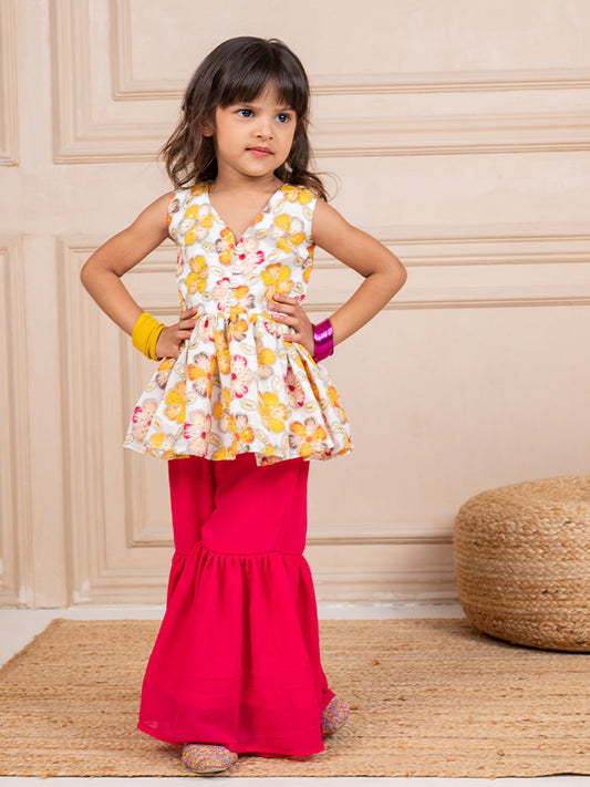 Girls Chinion Embroidered White Pemplum Top and Pink Sharara (Set of 2)