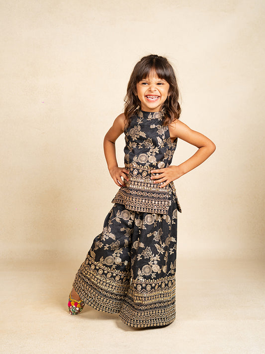 Girls Dola Silk embroidered Black Sleeveless Top with Palazzo (Set of 2)