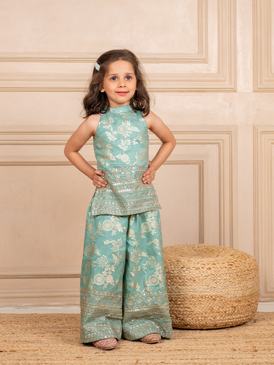 Girls Dola Silk embroidered Mint Sleeveless Top with Palazzo (Set of 2)