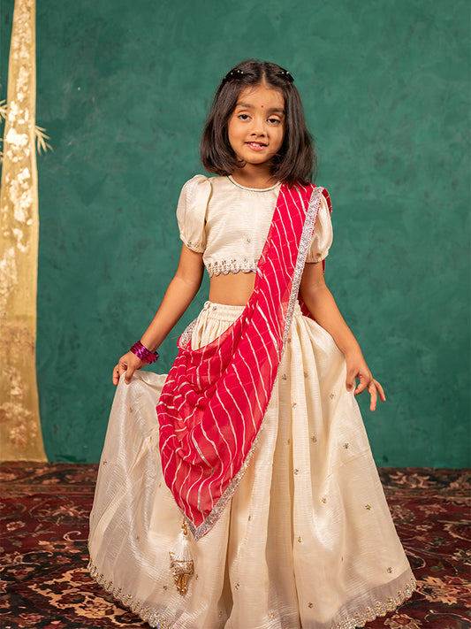 Girls Fendy Crush White Top and  Lehenga with Georgette Dupatta (Set of 3)