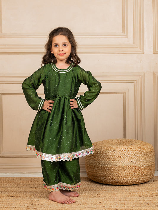 Girls Green Anarkali Top with Palazzo (Set of 2)