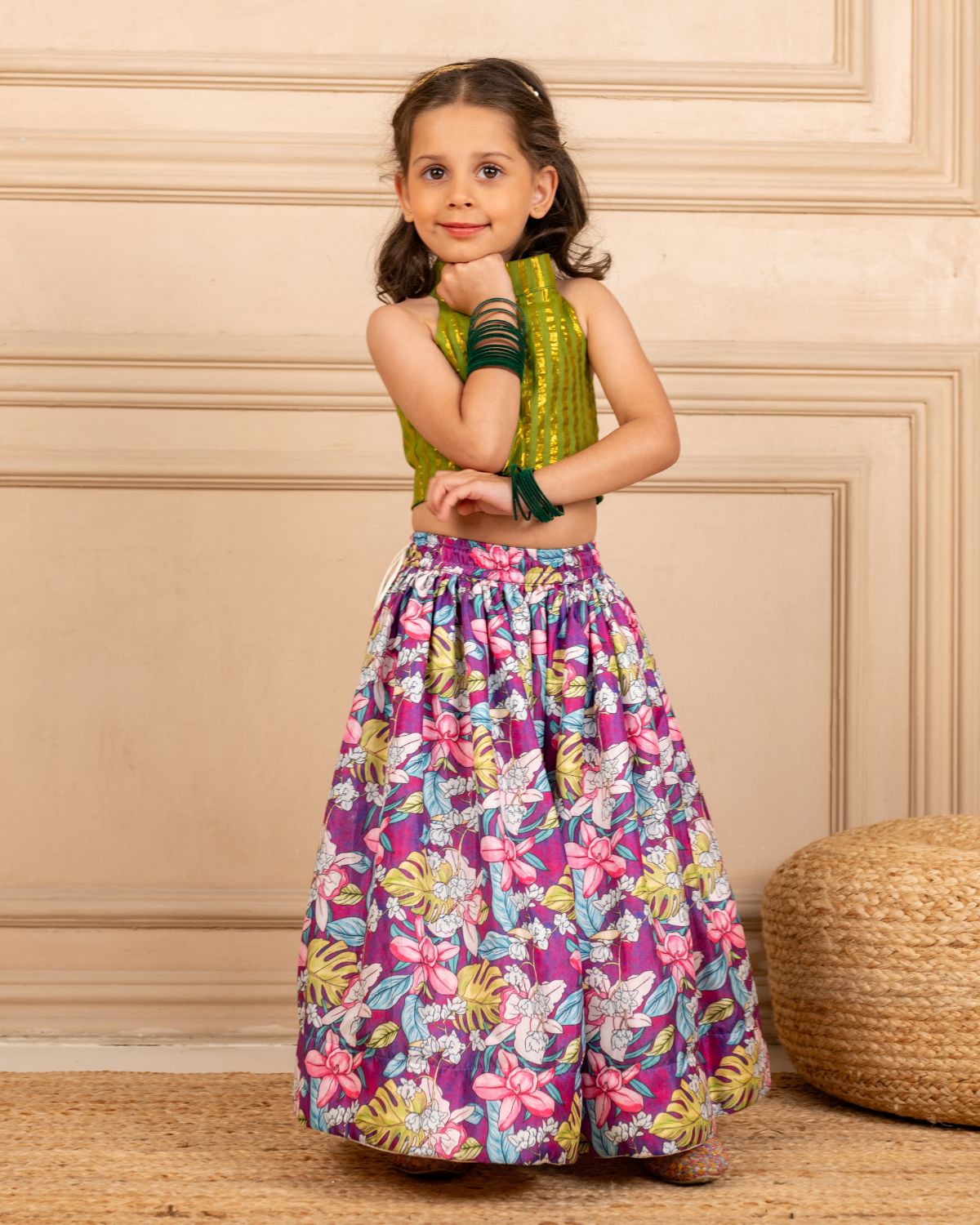 Premium Green Matching Kurta & Printed Lehenga Set for Kids