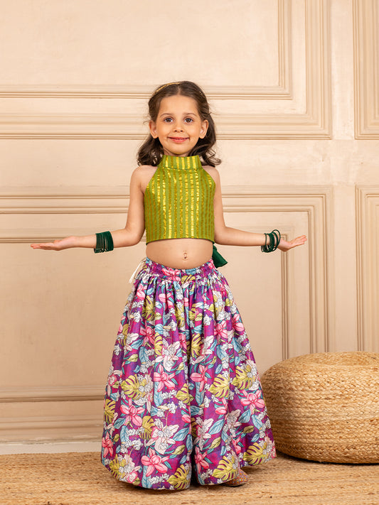Girls Green Lurex Sleeveless Top and Roman Printed Lehenga (Set of 2)