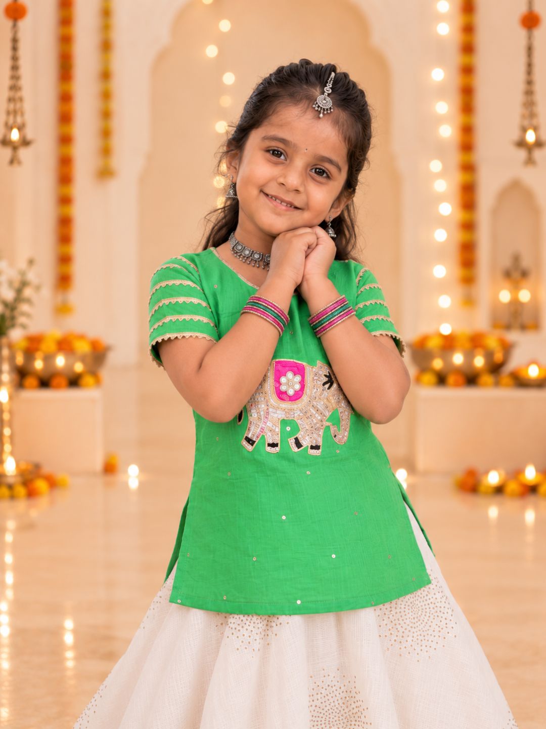 Girls Green Short-Sleeve Ethnic Top with White Flared Lehenga Set (Set of 2)