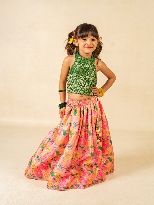Girls Green Sleeveless Top and Roman Printed Lehenga (Set of 2)
