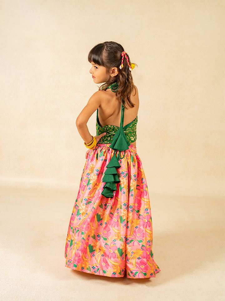 Girls Green Sleeveless Top and Roman Printed Lehenga (Set of 2)