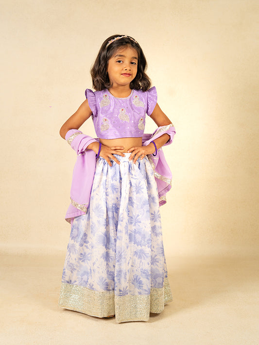 Girls Hand Embroidered Duck Top and Moonga Digital printed Lehenga with Dupatta (Set of 3)