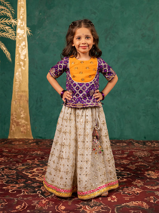 Girls Handworked Dark Purple Top and Off-White Lehenga (Set of 2)