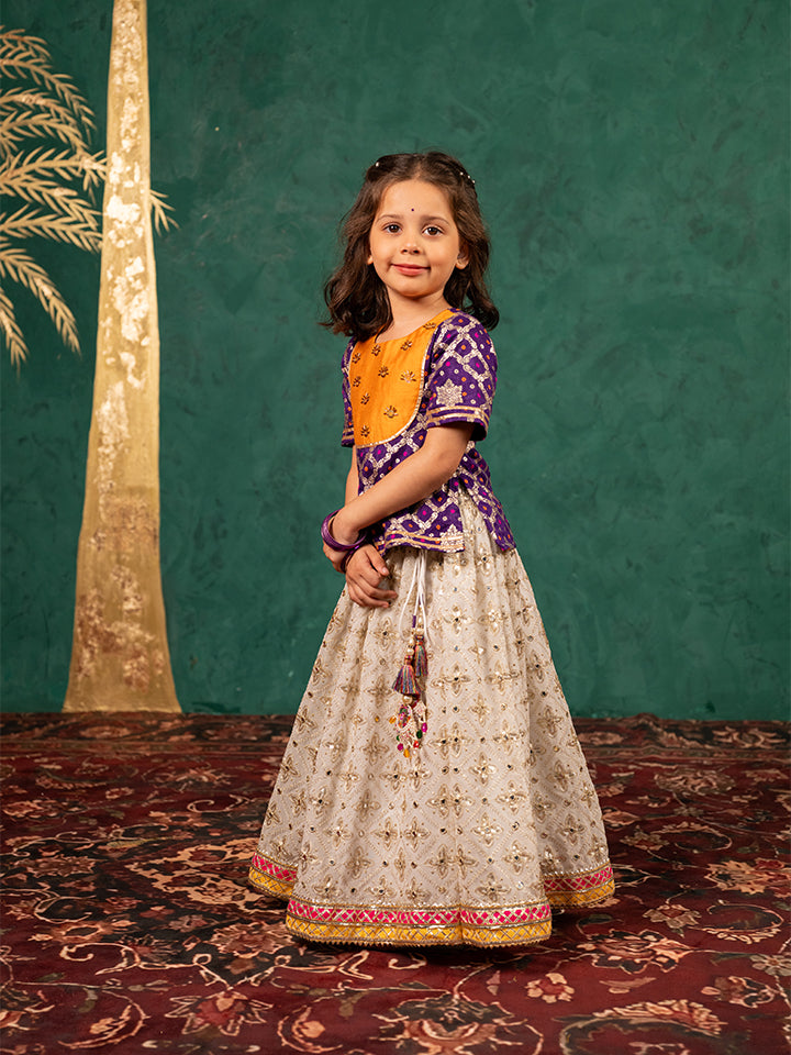 Girls Handworked Dark Purple Top and Off-White Lehenga (Set of 2)
