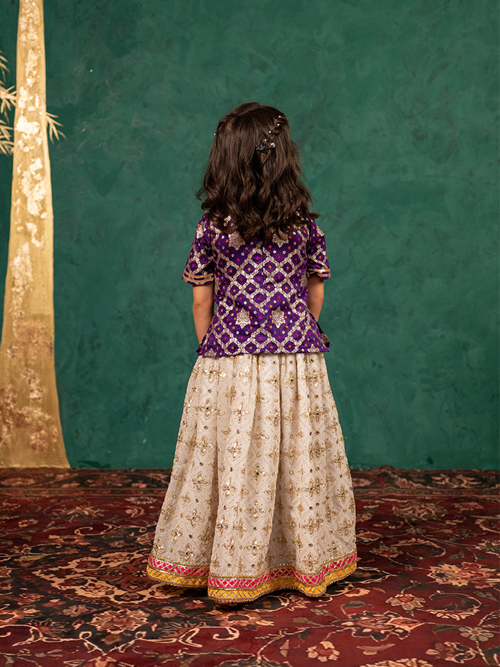 Girls Handworked Dark Purple Top and Off-White Lehenga (Set of 2)
