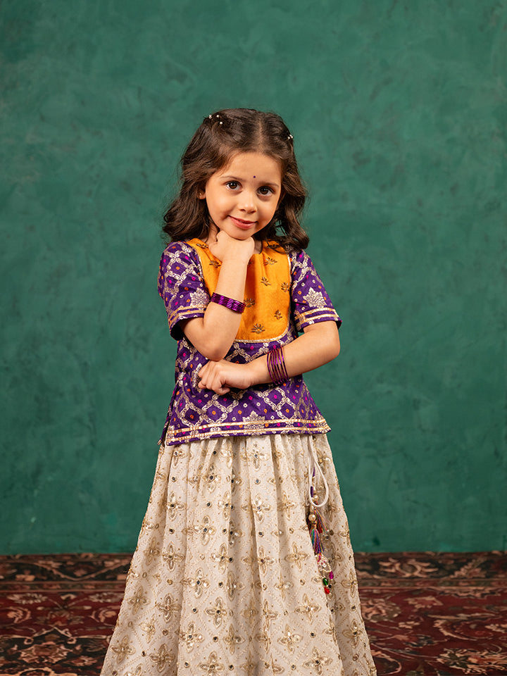 Girls Handworked Dark Purple Top and Off-White Lehenga (Set of 2)
