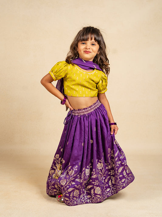 Girls Mehendi Colour Puff Sleeve Top and Purple Lehenga with Dupatta (Set of 3)