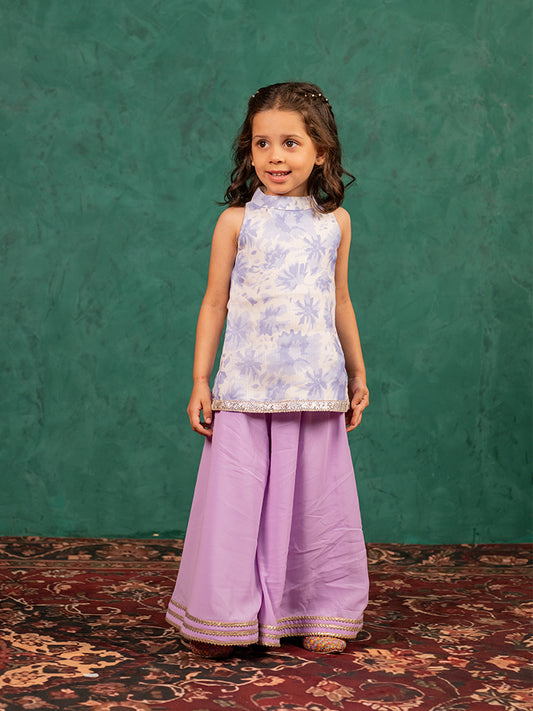 Girls Moonga Floral Digital Printed Cotton Ethnic Sleeveless Top with Purple Palazzo (Set of 2)