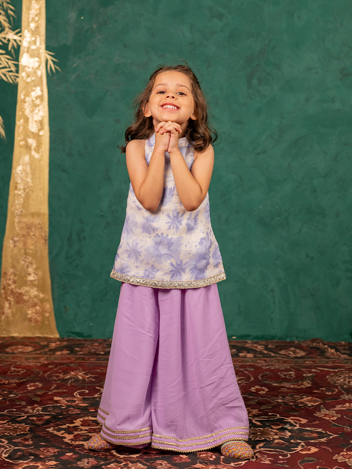 Girls Moonga Floral Digital Printed Cotton Ethnic Sleeveless Top with Purple Palazzo (Set of 2)