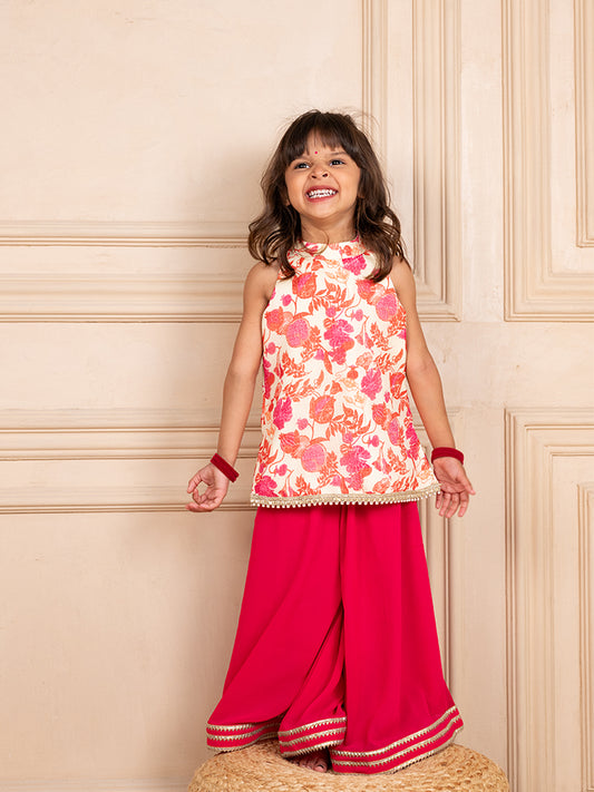 Girls Moonga Floral Digtal Printed Sleeveless Top with Pink  Sharara (Set of 2)