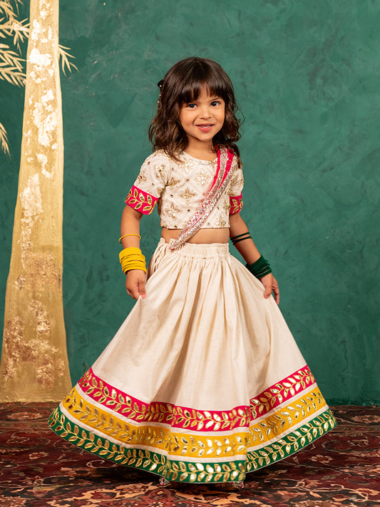Girls Off-White Elbow Sleeve Top and Lehenga with Georgette Dupatta (Set of 3)