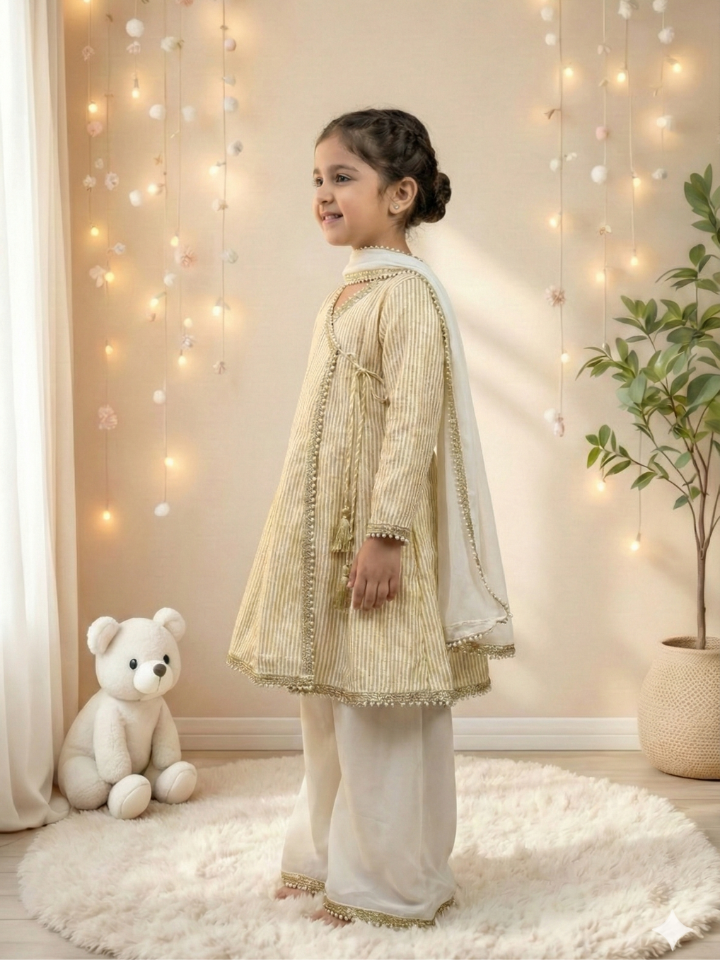 Girls Off-white Angarkha style Kurti with Palazzo and Dupatta (Set of 3)