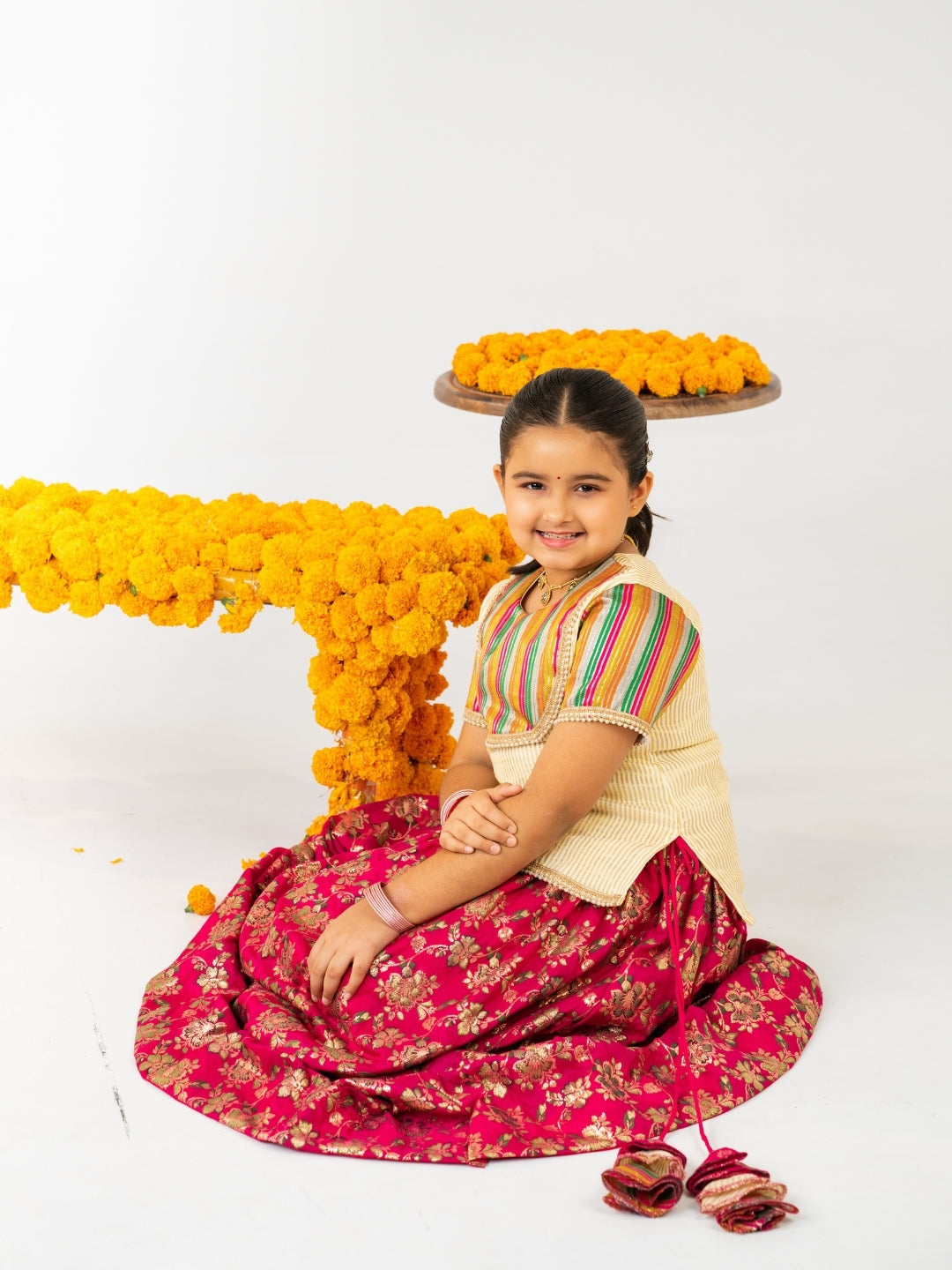 Girls Off White Top with Rani Pink Banarasi Lehenga Set (Set of 2)