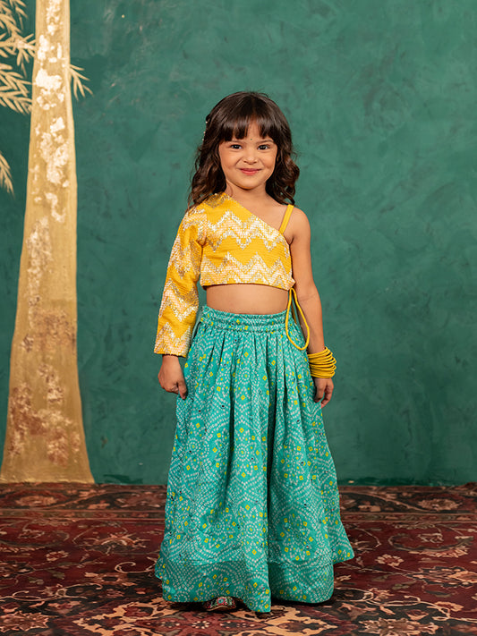 Girls One Shoulder Yellow Top with Bandhni Mirror Work Lehenga (Set of 2)
