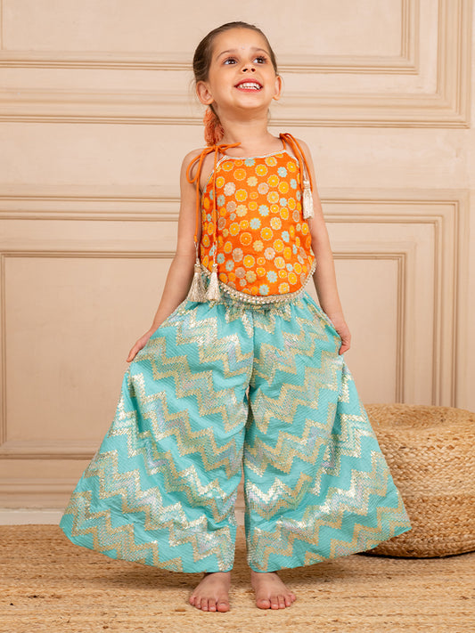 Girls Orange Brocade Top and Ocean Blue Zig Zag embroidered Palazzo (Set of 2)