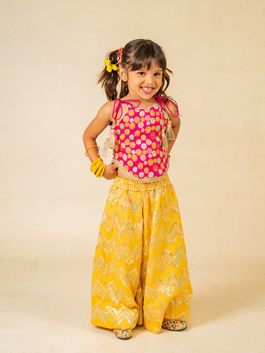 Girls Pink Brocade Top and Yellow Zig Zag embroidered Palazzo (Set of 2)
