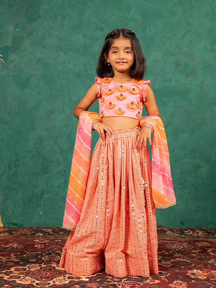 Girls Pink Salmon Coloured Mirror Handworked Top and Mirror Embroidered Georgette Lehenga with Dupatta (Set of 3)