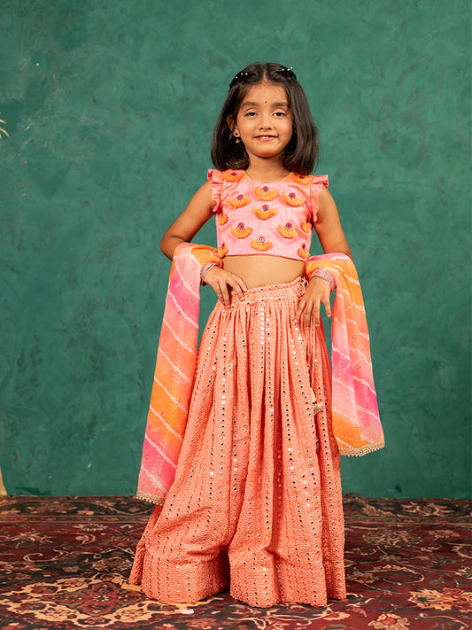 Girls Pink Salmon Coloured Mirror Handworked Top and Mirror Embroidered Georgette Lehenga with Dupatta (Set of 3)