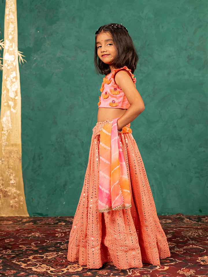 Girls Pink Salmon Coloured Mirror Handworked Top and Mirror Embroidered Georgette Lehenga with Dupatta (Set of 3)