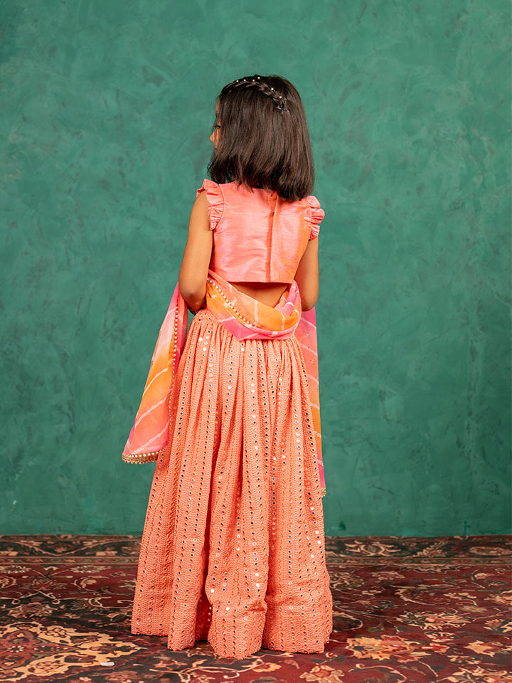 Girls Pink Salmon Coloured Mirror Handworked Top and Mirror Embroidered Georgette Lehenga with Dupatta (Set of 3)