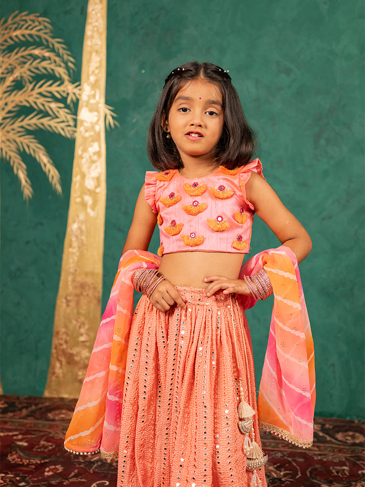 Girls Pink Salmon Coloured Mirror Handworked Top and Mirror Embroidered Georgette Lehenga with Dupatta (Set of 3)