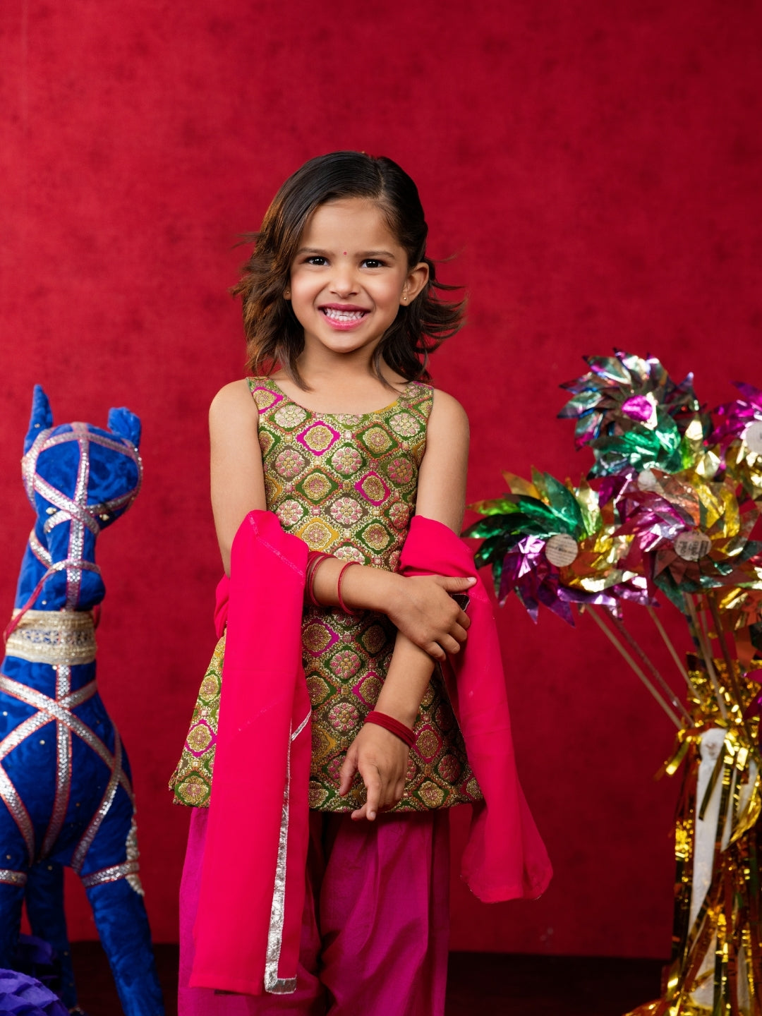 Girls Pink Salwar Suit Set with Dupatta (Set of 3)