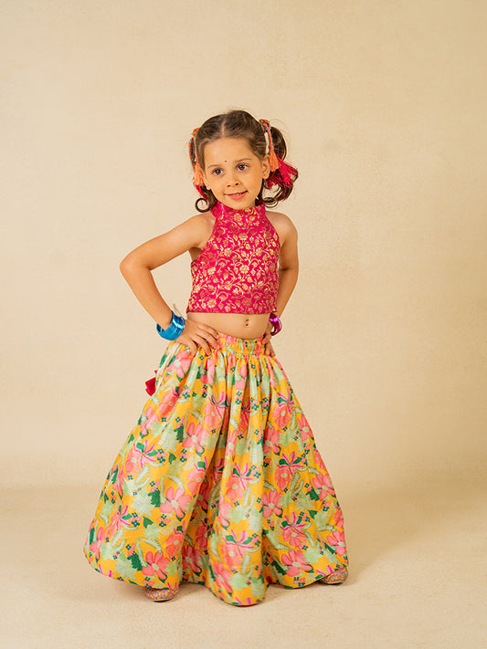 Girls Pink Sleeveless Top and Roman Printed Lehenga (Set of 2)
