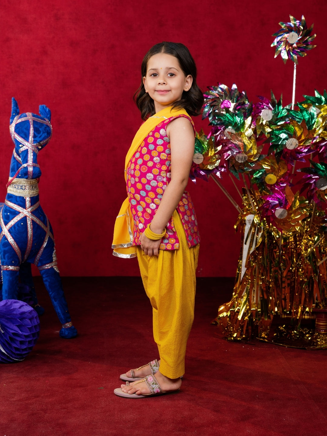 Girls Pink and Yellow Salwar Suit Set (Set of 3)