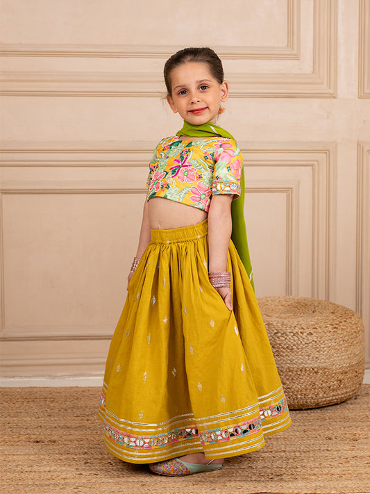 Girls Poly Digital Printed and Handworked Top and Cotton Lurex Yellow Lehenga with Dupatta (Set of 3)